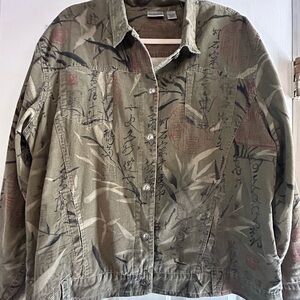 Chicos Corduroy Button Down Jacket Womens 3 US XL Japanese Woodblock Print